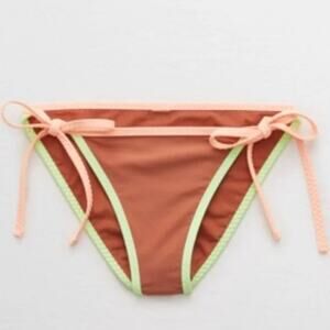 Aerie Brown Lined Fluorescent Starppy Cheeky Side Tie Bikini Bottoms Large